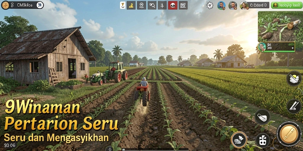 Tampilan gameplay 9WIN dengan ladang yang subur dan hewan ternak.