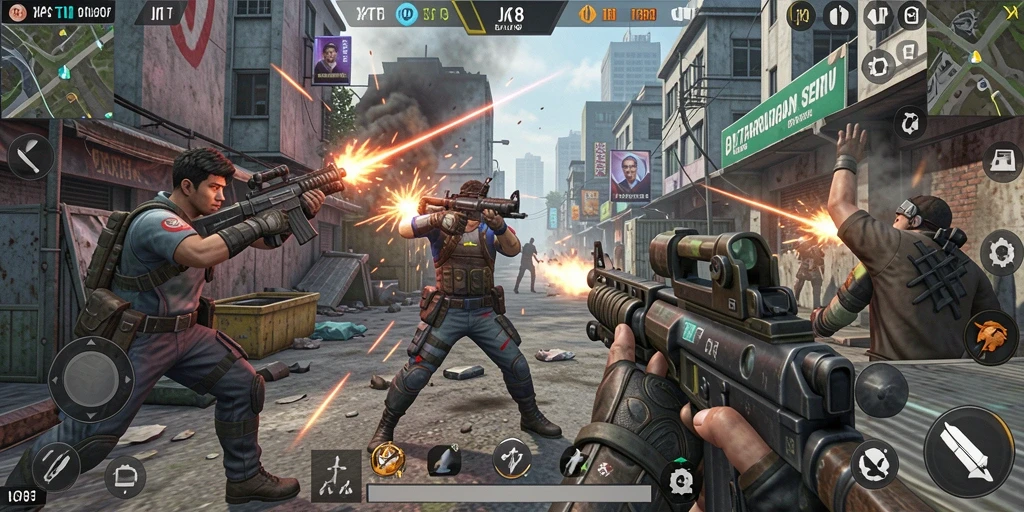 Screenshot gameplay JKT8 menampilkan aksi seru dalam pertempuran TPS.