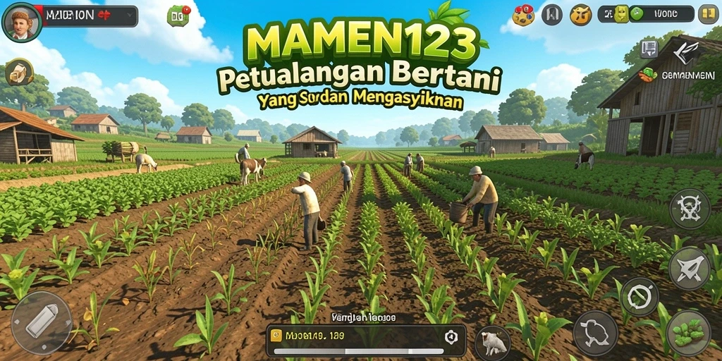 Tangkapan layar MAMEN123 menampilkan petani sedang merawat ladang penuh tanaman.