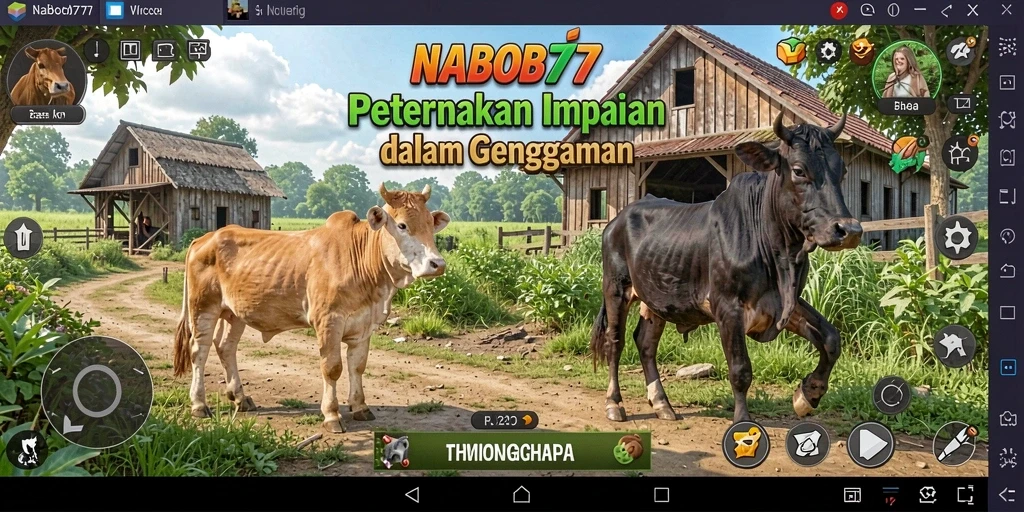 Tampilan gameplay NABOB77 yang menunjukkan ladang terawat dan hewan sehat.