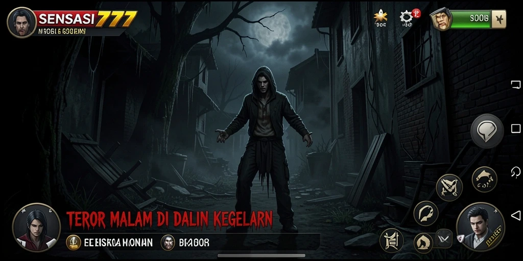 Screenshot utama SENSASI777 menampilkan aksi mendebarkan di kegelapan.