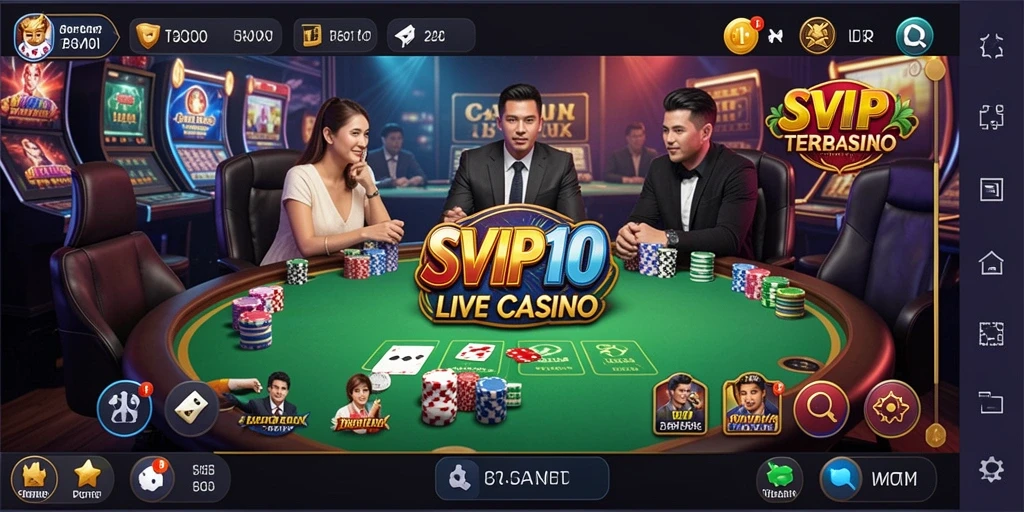 Screenshot gameplay SVIP10 dengan dealer langsung dan suasana kasino yang nyata.