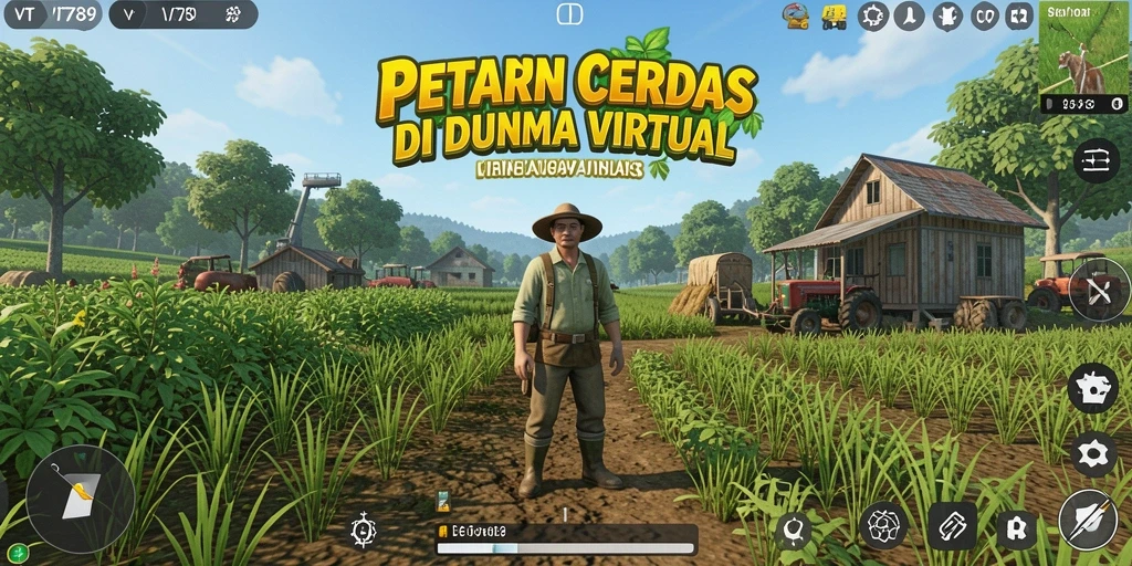 Screenshot gameplay VT789 menunjukkan ladang yang subur dan hewan ternak yang bahagia.