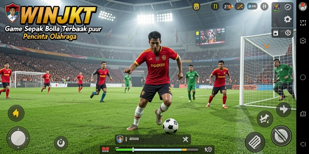 Tangkapan layar gameplay <strong>WINJKT</strong> menunjukkan aksi seru di lapangan sepak bola.